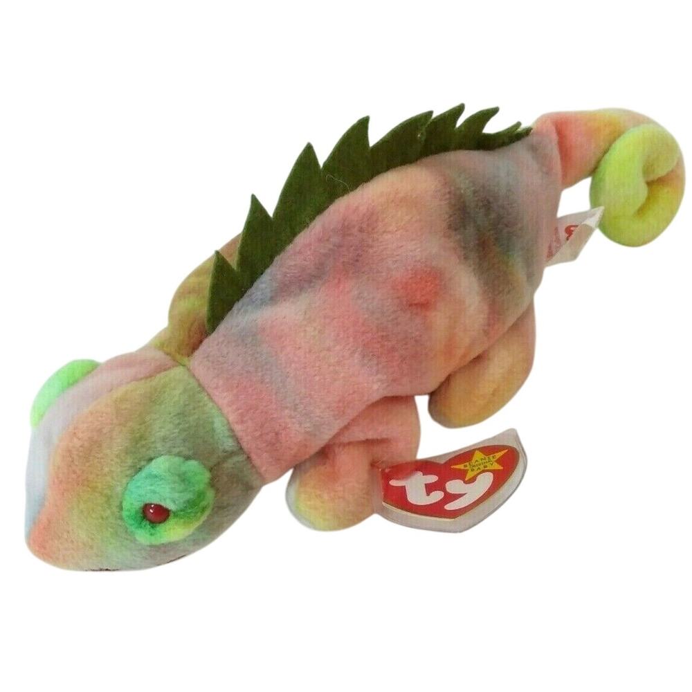Vintage Ty Beanie Baby Tie-Dyed Iggy the Iguana, Retired RARE Edition, No Tongue